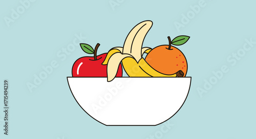 A bowl of fruit, including an apple, a banana, and an orange, on a light blue background.