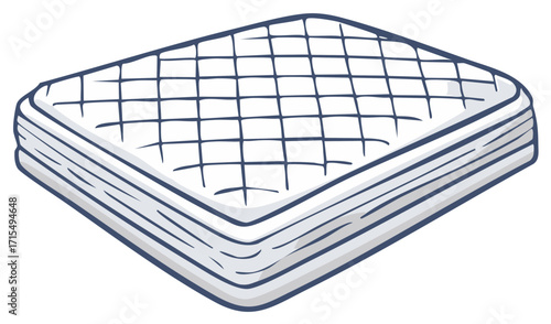 Cartoon illustration shows a puffy white bed mattress with black gridded pattern isolated, bed comfort and furniture item