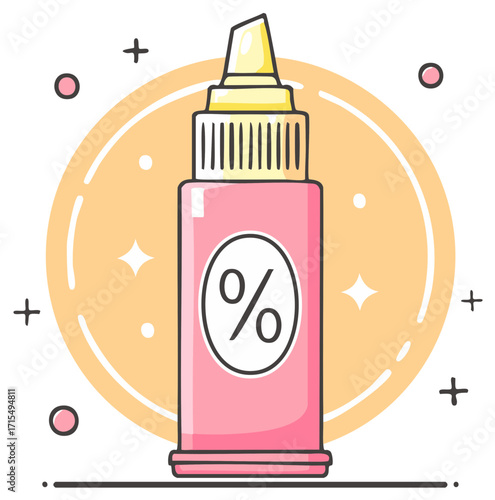 Cartoon illustration of a pink applicator bottle with a percentage sign for sales and discount concepts