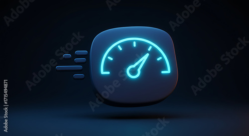 A glowing blue neon speedometer icon symbolizing high speed, rapid performance, and quick acceleration on a dark futuristic background