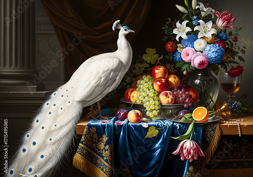 White and Blue Peacock in Still Life Painting with Fruit and Flowers