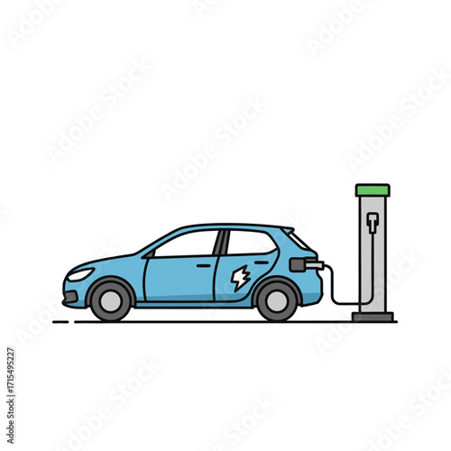 A blue electric car charging at a charging station.