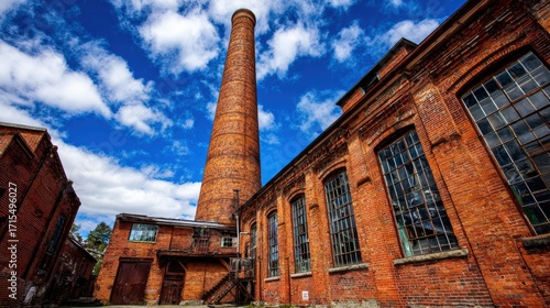 Historic brick factory with tall chimney and large industrial under bright blue sky with clouds in daytime scene