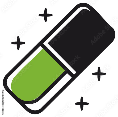 Stylized medicine capsule illustration in black, green and white with plus signs