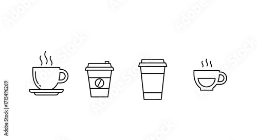 Set of four minimalist line art icons depicting various coffee cups and mugs, including steaming hot beverages and disposable takeaway options.