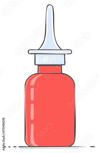 Hand drawn illustration of a red nasal spray bottle for medical cold and allergy treatment.