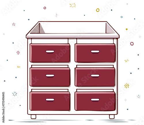 Cartoon illustration of a nursery changing table and dresser with six drawers for baby items