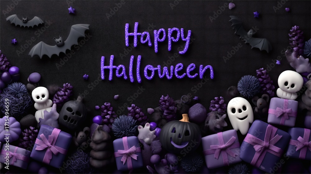 Fototapeta premium Halloween poster background painting, ghosts, skeletons, pumpkins, and gifts
