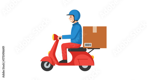 A delivery person on a red scooter transporting a brown cardboard box for a customer.