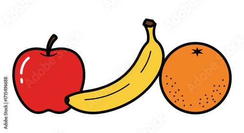 A simple cartoon illustration of a red apple, a yellow banana, and an orange isolated on a white background.