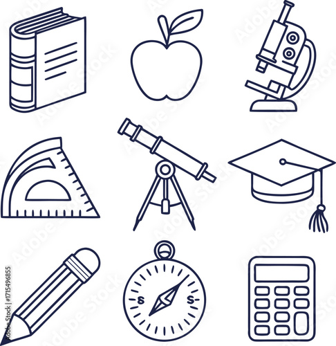 A Collection of Hand Drawn Education and Science Icons School and Learning Tools Outline Set