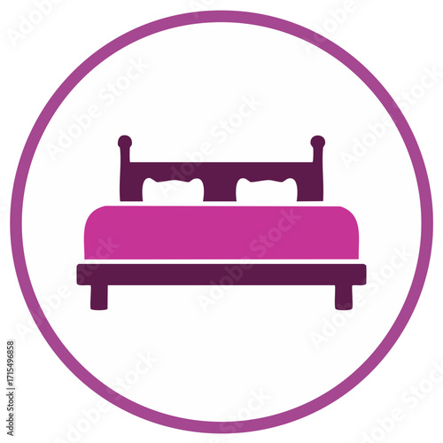Minimalist bed icon with purple mattress and dark frame for hotel and sleep concepts