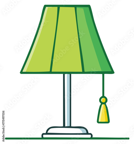 Simple cartoon drawing of a green table lamp with a pull cord tassel switch