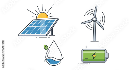 Illustration of renewable energy sources including solar panels, wind turbine, water, and battery.