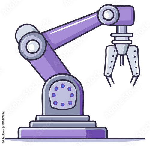Cartoon illustration of a robotic arm in purple and grey