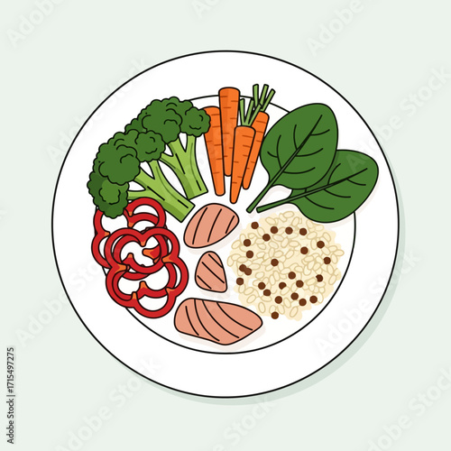 Colorful healthy meal with broccoli, carrots, spinach, bell peppers, quinoa, and salmon.