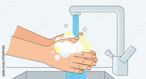 An illustration of a person washing their hands with soap and water under a running tap to maintain hygiene.