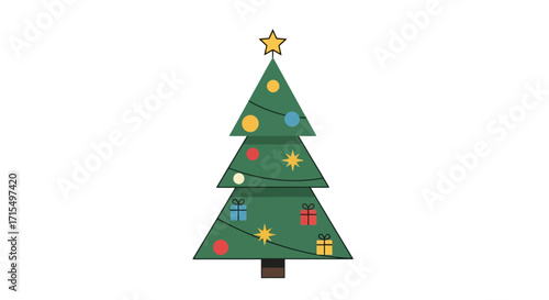A stylized illustration of a decorated Christmas tree with presents at its base and a star on top.