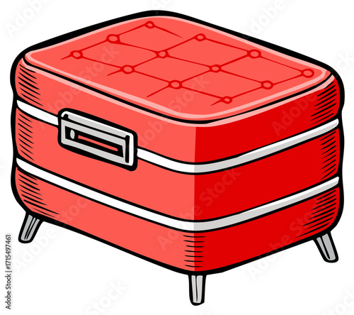 Vibrant Red Tufted Ottoman Trunk Illustration Style Furniture Storage Box with Handle and Small Legs