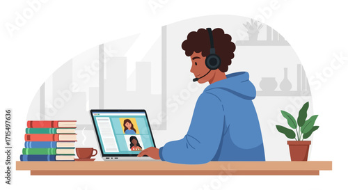 Person using laptop in video call, books and plant on desk.
