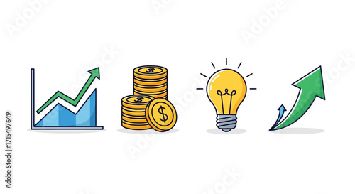 A set of four business and finance icons showing a growth chart, stacked coins, an idea lightbulb, and an upward arrow.