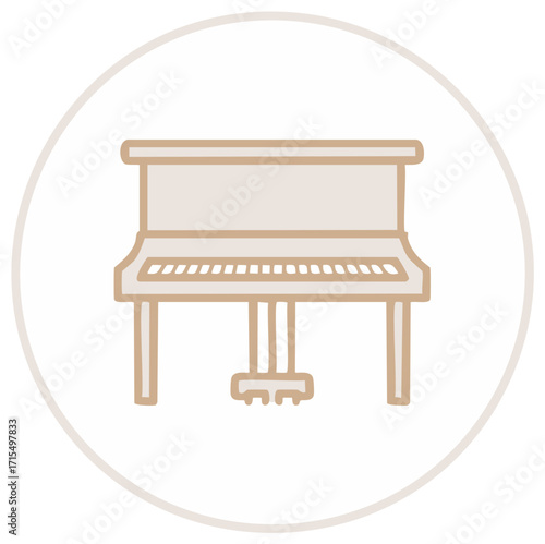 Minimalist piano illustration in beige, light brown colors inside circle