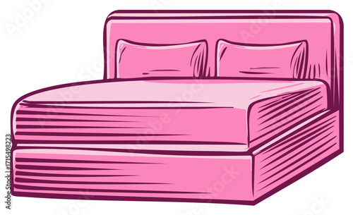 Charming pink upholstered bed with two pillows and a plush mattress