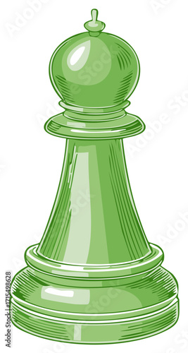 Classic green glass bishop chess piece in a vintage woodcut illustration style