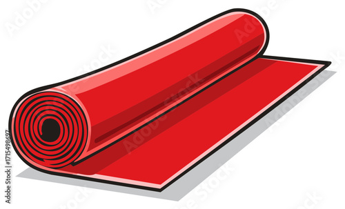 Cartoon Red Yoga Mat Partially Rolled Up for Fitness and Exercise, Yoga Studio Equipment
