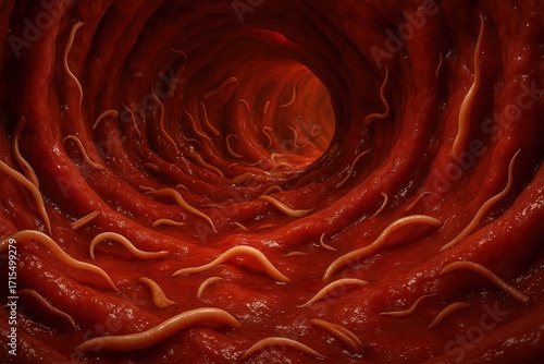 Medical Illustration of Intestinal Parasites in Human Gut