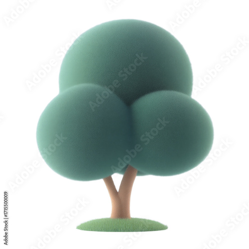 Stylized Green Tree With Fluffy Crown And Textured Bark On Grassy Mound Transparent Background