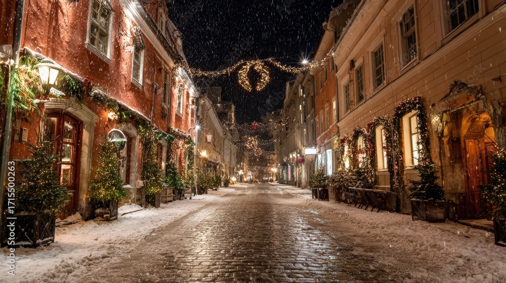 Fototapeta premium Winter Nightfall On A Paved Street