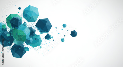 Abstract cluster of geometric low-poly shapes in blue and green hues, representing network connection and data visualization