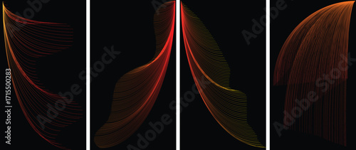 Abstract curves of light in the dark with red orange and yellow hues in four separate panels art