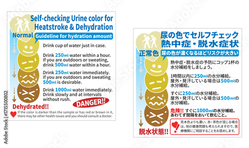 簡易的な尿の色を目安に熱中症・脱水症予防用のセルフチェックができるポスターデザインレイアウト。