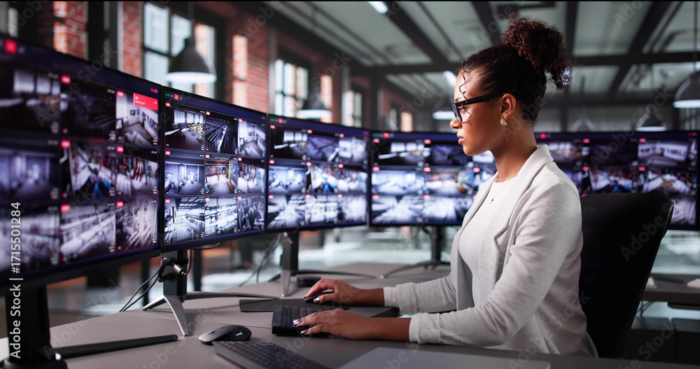 Obraz premium Security Operator Uses CCTV Cameras To Monitor Footage