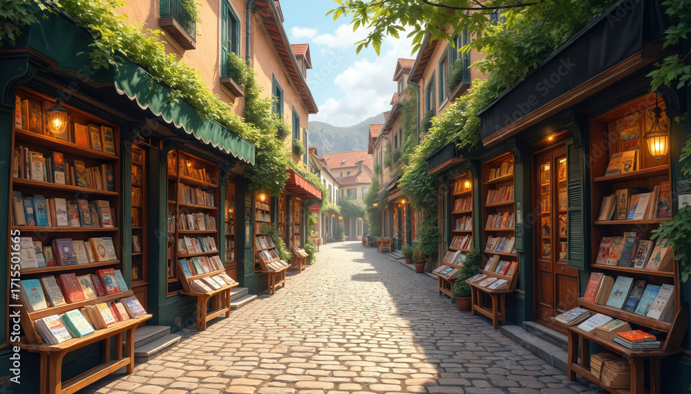 Fototapeta premium Charming vintage European street lined with quaint bookstores. Cobblestone alleyway with old buildings, architecture, ivy-covered facades. Outdoor book displays create inviting atmosphere for