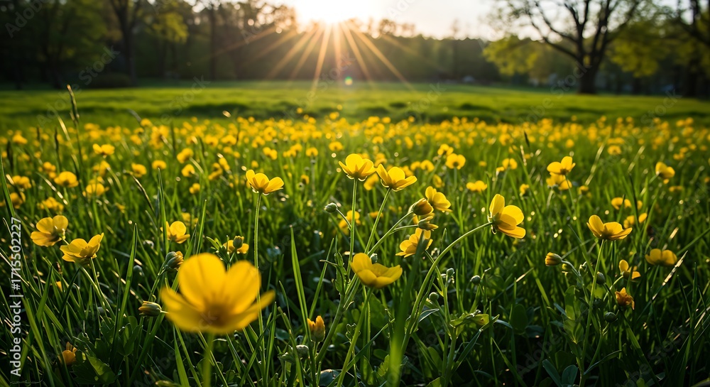 Obraz premium Buttercups in a field at sunrise