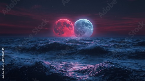 Dramatic Red and Blue Moons Above Stormy Ocean