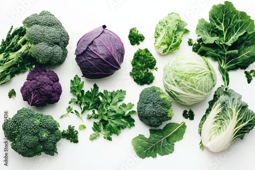 Assorted green and purple leafy vegetables arranged on a white background