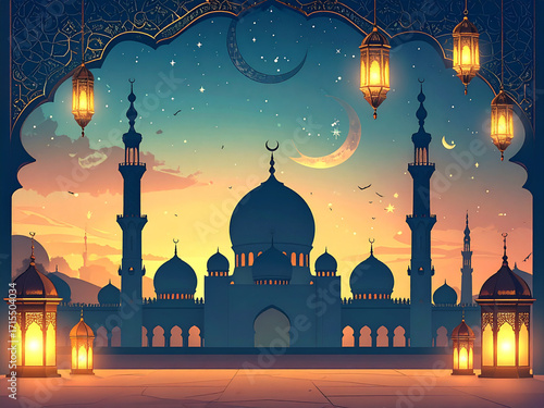 Wallpaper Mural Traditional Islamic decorative design with mosque minarets, lanterns, and arabesque patterns, reflecting faith and culture. Torontodigital.ca