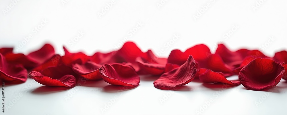 Fototapeta premium Scattered red rose petals create romantic, elegant atmosphere. Soft texture forms delicate pattern on light surface. Vibrant floral details suitable for wedding, love, celebration, spring, summer