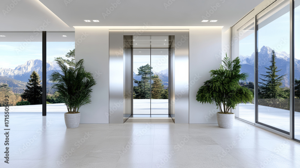 Fototapeta premium Futuristic elevator with transparent walls in modern interior, surrounded by scenic mountains