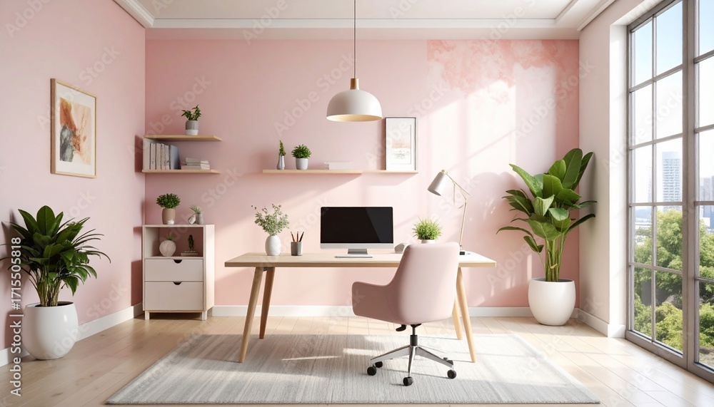 Fototapeta premium Modern Interior Office with Pink Walls and a Desktop Computer Ready to Use