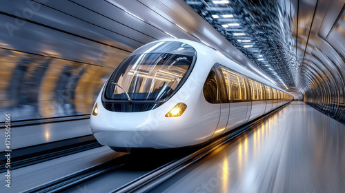 Futuristic train traveling through sleek tunnel, showcasing advanced technology and speed