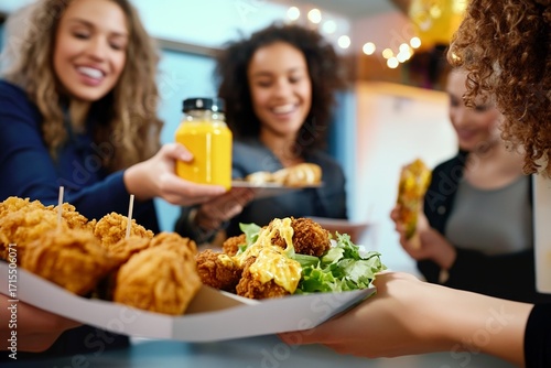 Group of friends sharing fried chicken and drinks at a casual gathering