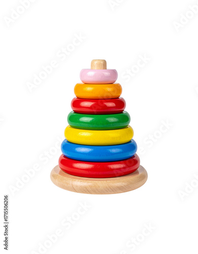 A colorful wooden pyramid stacking toy with rings for baby on a white background