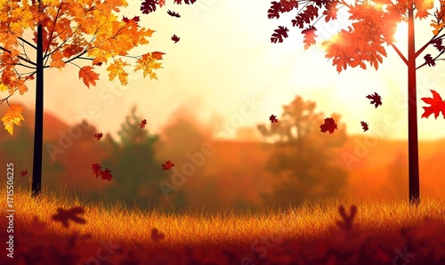 Autumn landscape with falling leaves, golden grass, and trees at sunset
