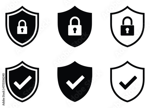 Collection of shield icons representing security and protection with locks and checkmarks