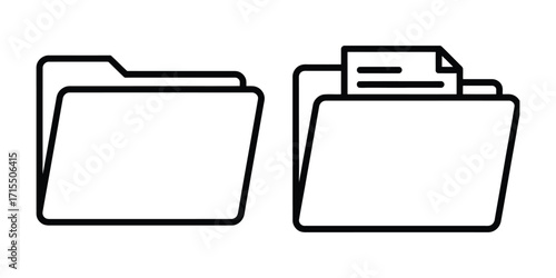 Two simple line art icons representing open and closed file folders for organization and data storage